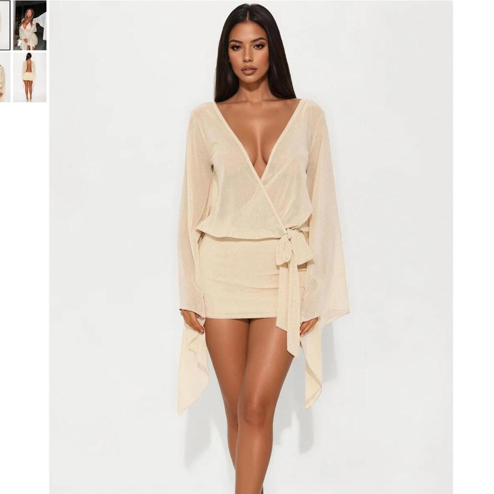 Fashion Nova Gordana Glitter Mesh Mini Dress - Champagne